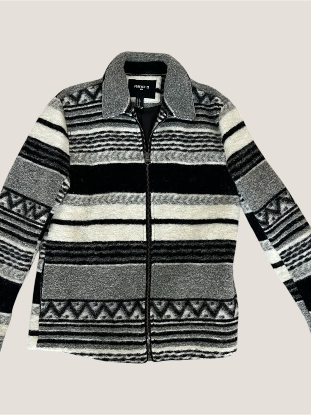 Forever 21 Men's Black, Gray & White Striped Zip Jacket
